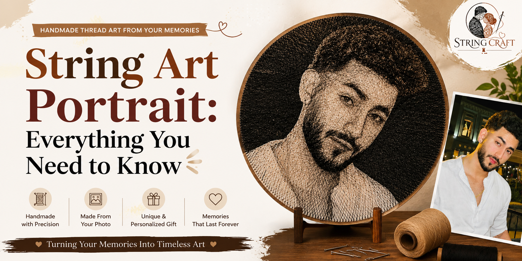 String art portrait made with handmade thread art